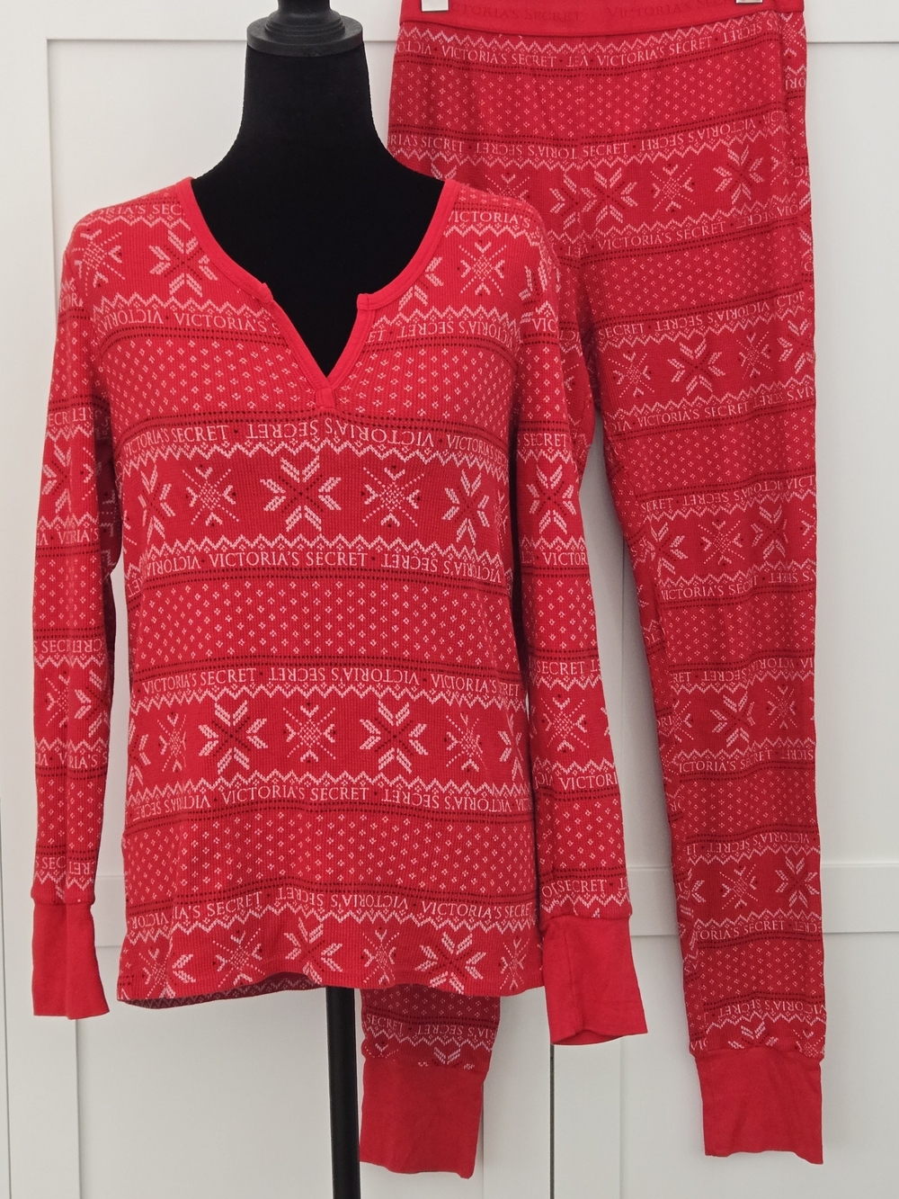 Victoria's Secret Lipstick Red Fair Isle Snowflake Thermal Pajama Set Y2K Medium